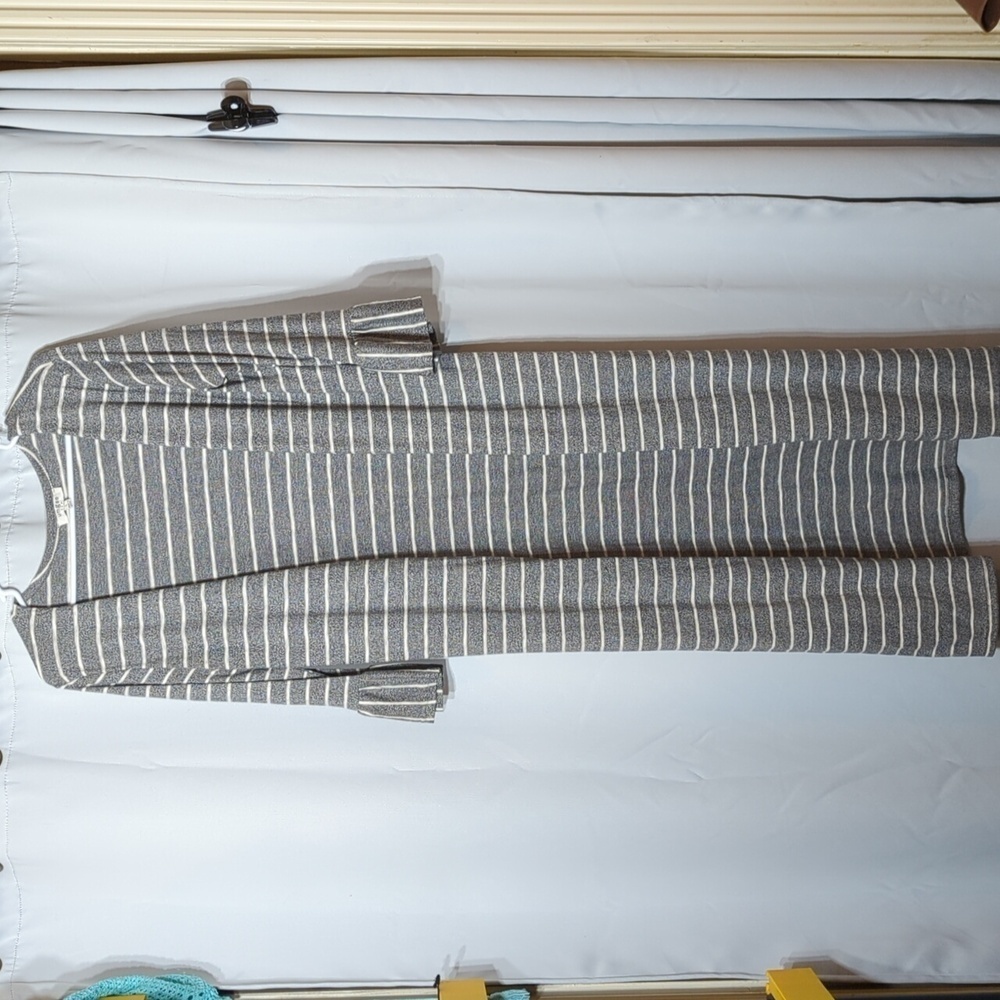 Umgee striped duster length open front side slit grey white cardigan boho beach - Picture 1 of 9